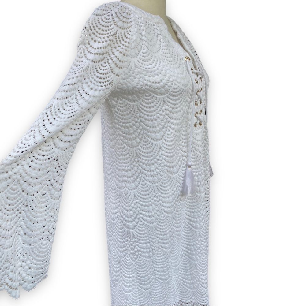 LILLY Pulitzer Sea Isle White Scallop Lace Bell Sleeve Shift Dress - Picture 12 of 16
